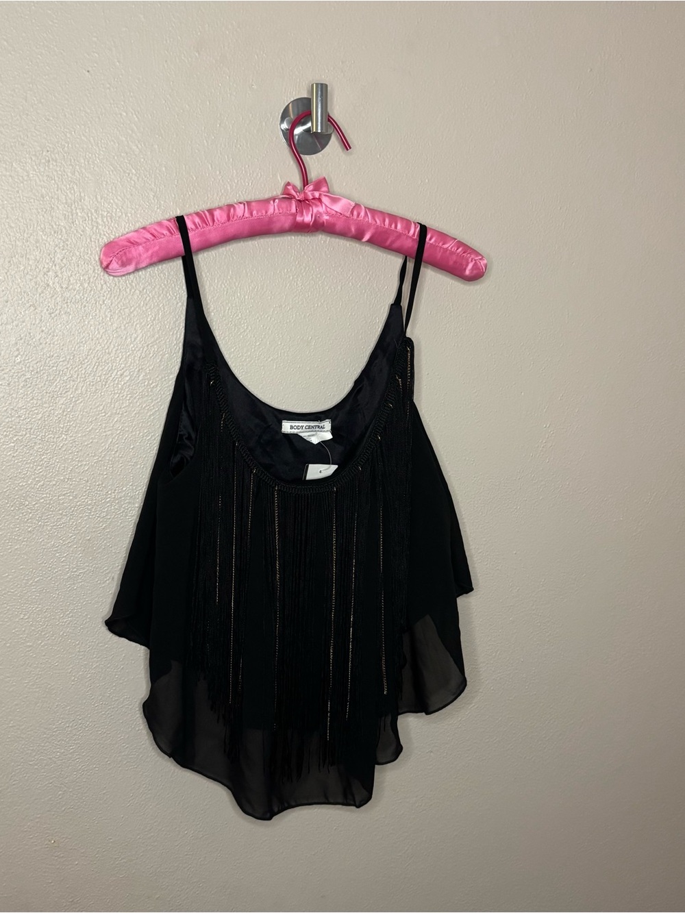 NWT Body Central Black Fringe Chiffon Tank Top Boho Festival Medium beaded indie